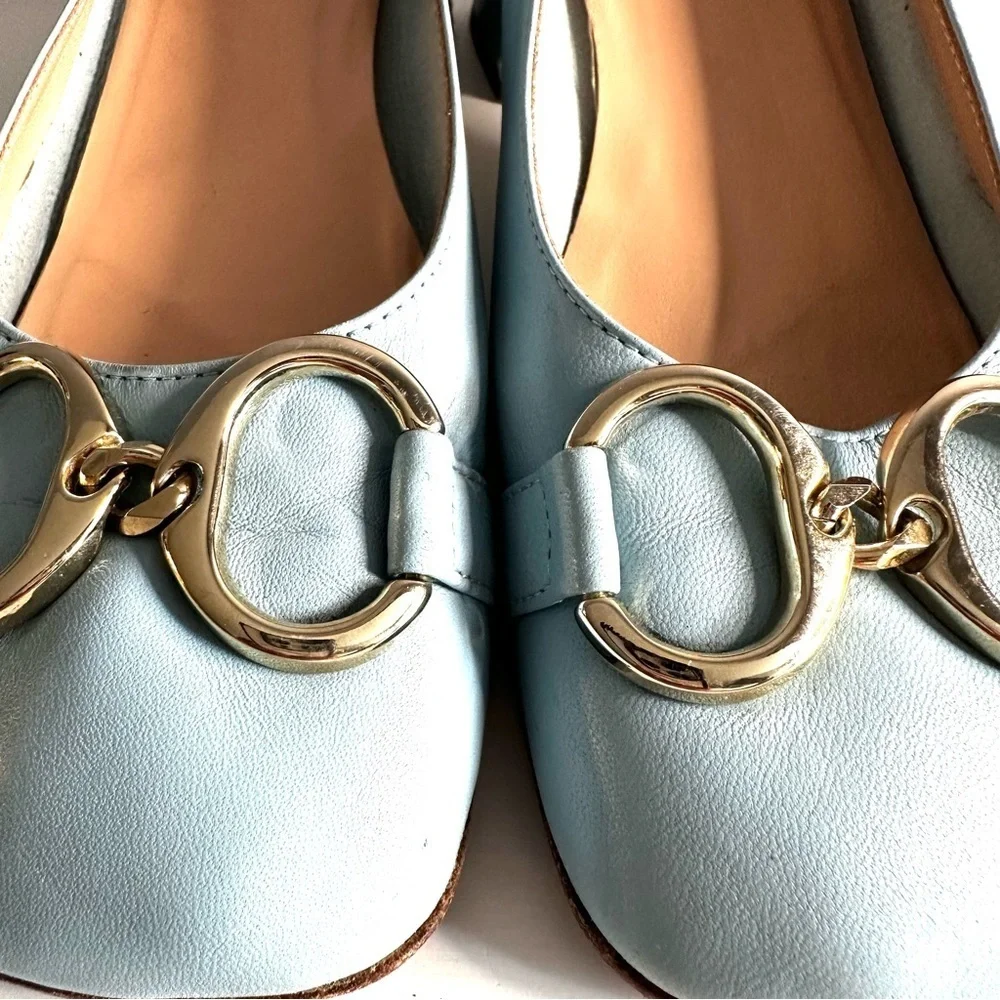 SCARLET Made in Italy, Low Block Heel, Leather, Baby Blue, Buckle Detail, Sz 8.5 - Picture 2 of 11
